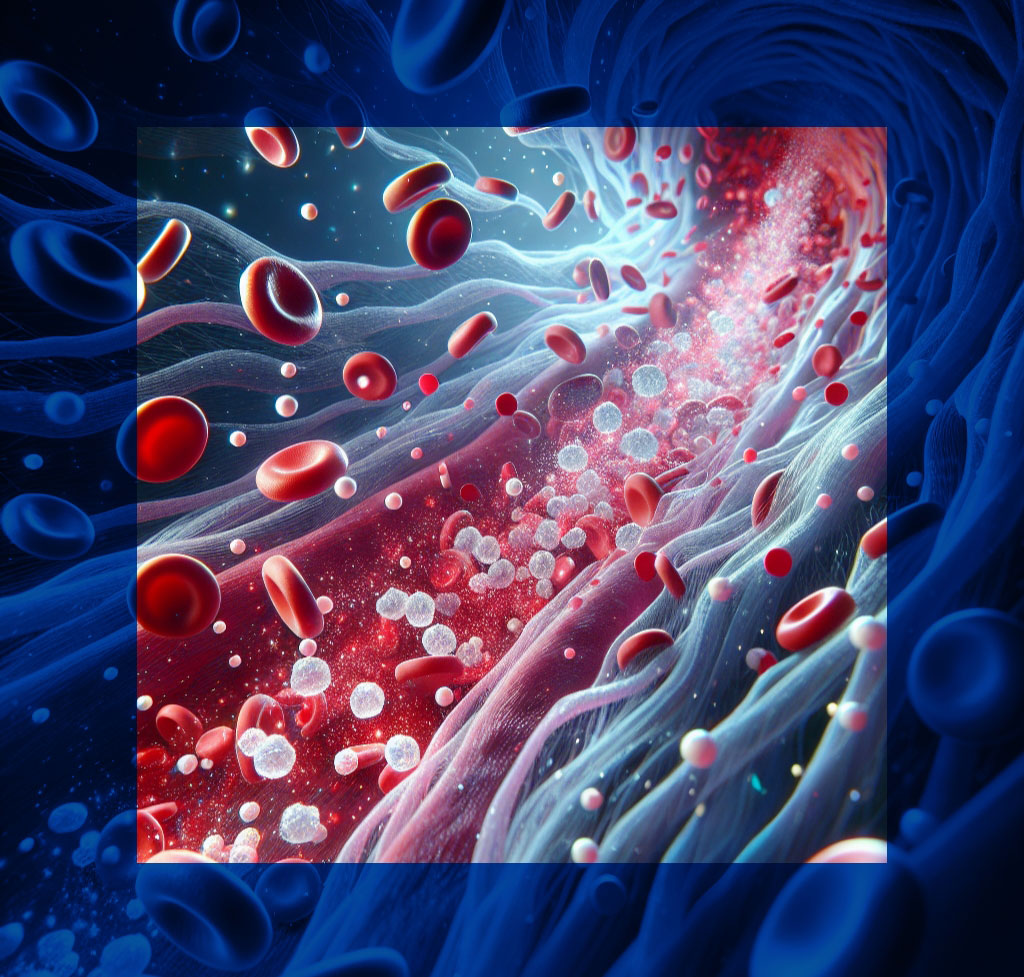 Rappresentazione del flusso sanguigno con globuli rossi e molecole di glucosio, usata per illustrare l’insulino-resistenza e i disturbi metabolici